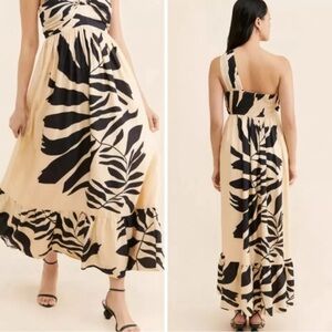 Anthropology Let Me Be Black and Cream One-Shoulder Maxi Dress Medium